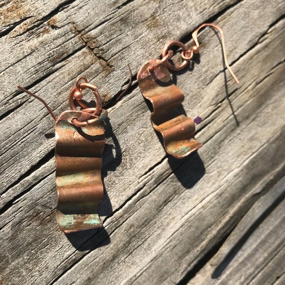 Solid Copper Patina Green Verdigris Earrings Drop Dangle Form Folded Brutalist - Picture 10 of 11